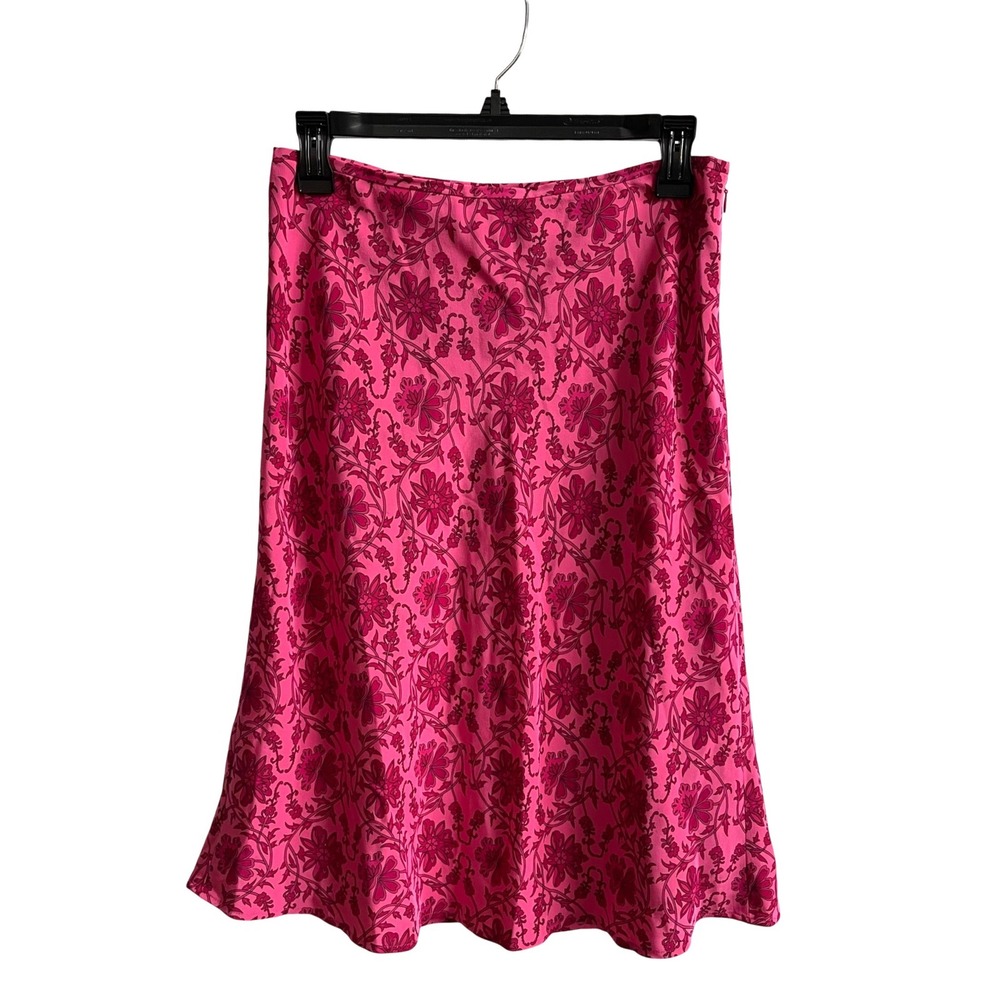 Ann Taylor Silk Midi Skirt Womens 4 Pink Floral Coquette A-Line Side Zip Luxury